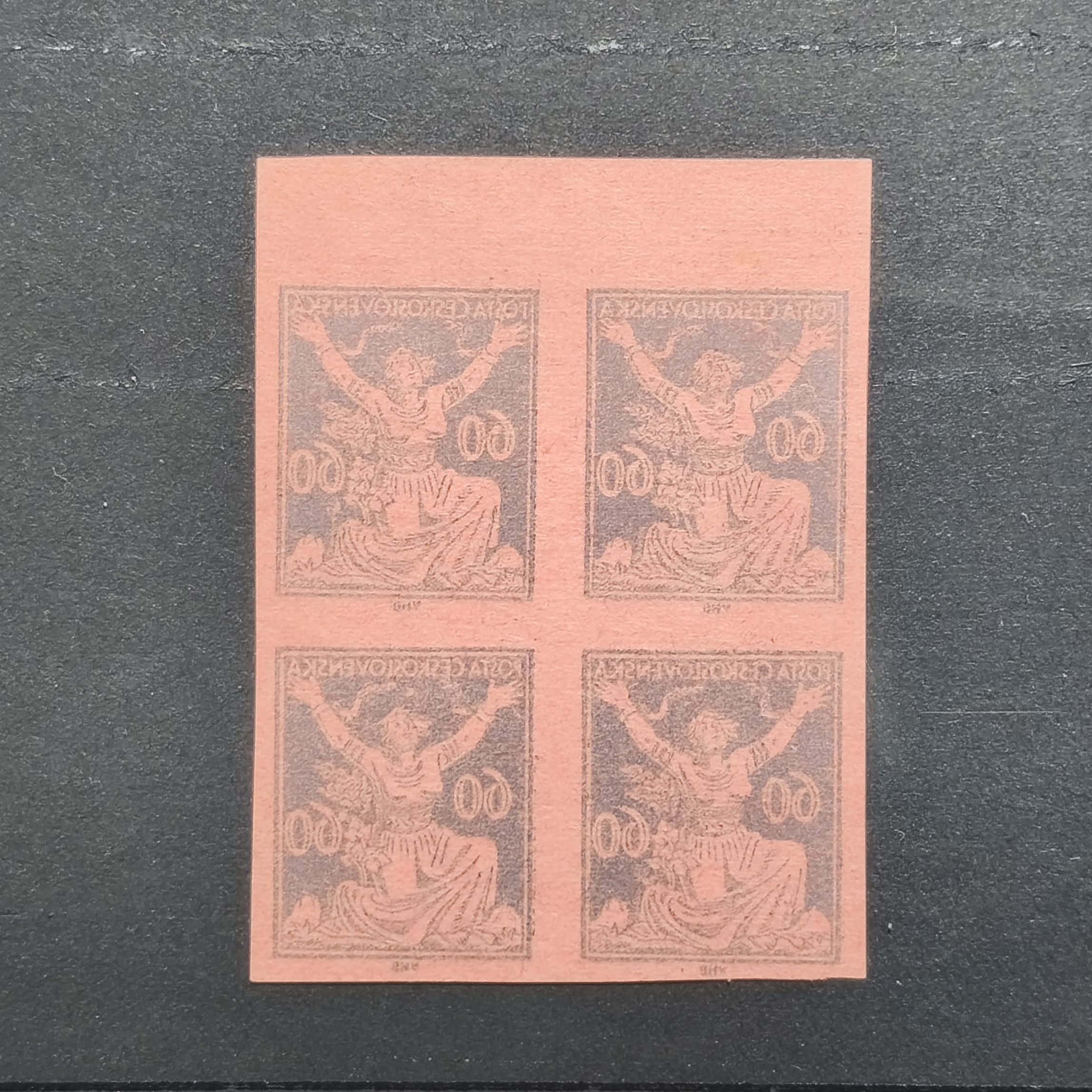 ** ZT hodnoty 60h modrá, Pof.157, 4-blok tisk na růžovém papíru.