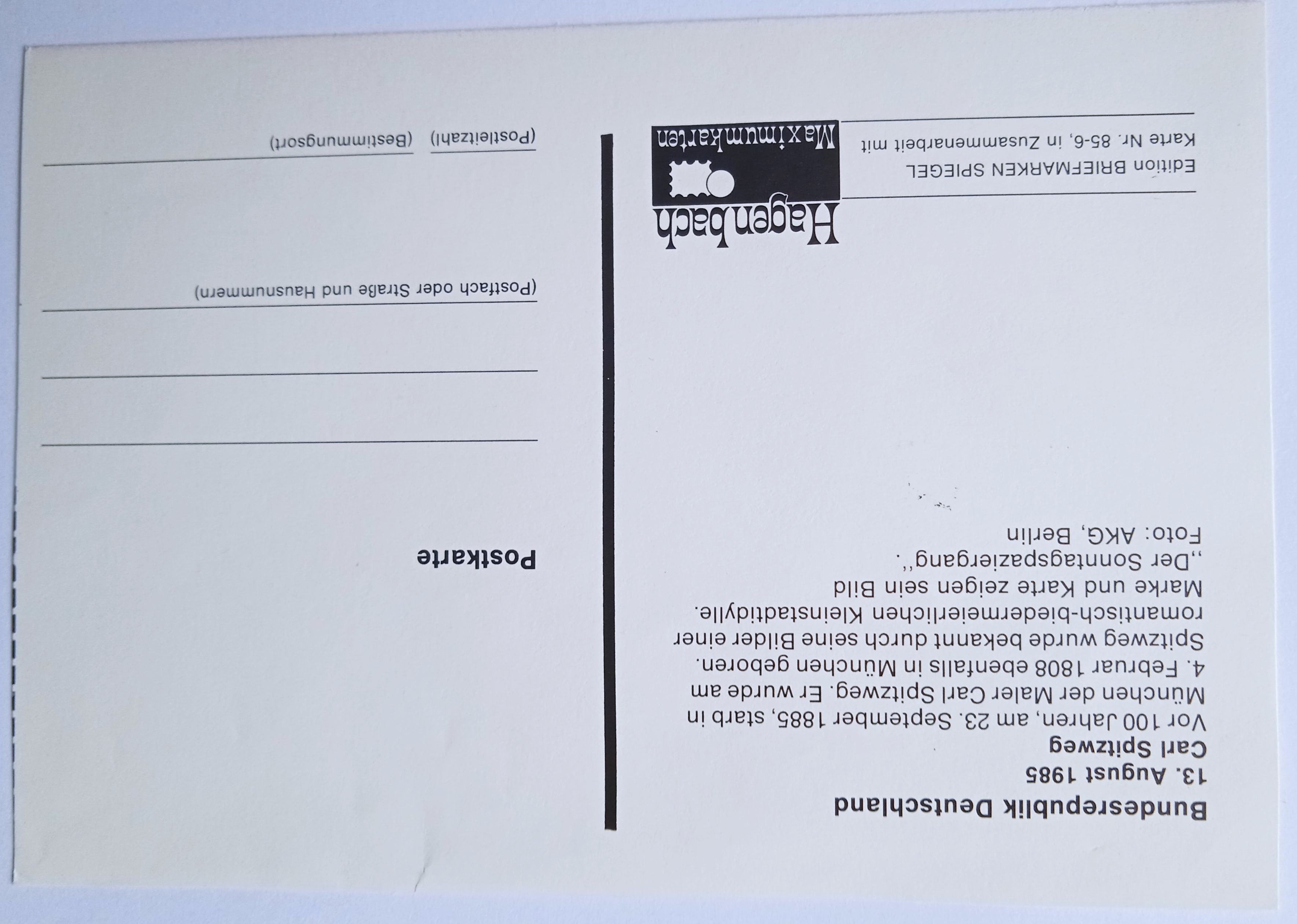 pohlednice 100. výročí úmrtí Carla Spitzwega